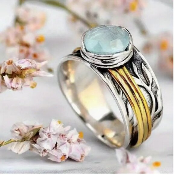 Aquamarine Two-Tone Wide Statement Ring - Vintage-Inspired Style - Size 8 - Picture 1 of 4